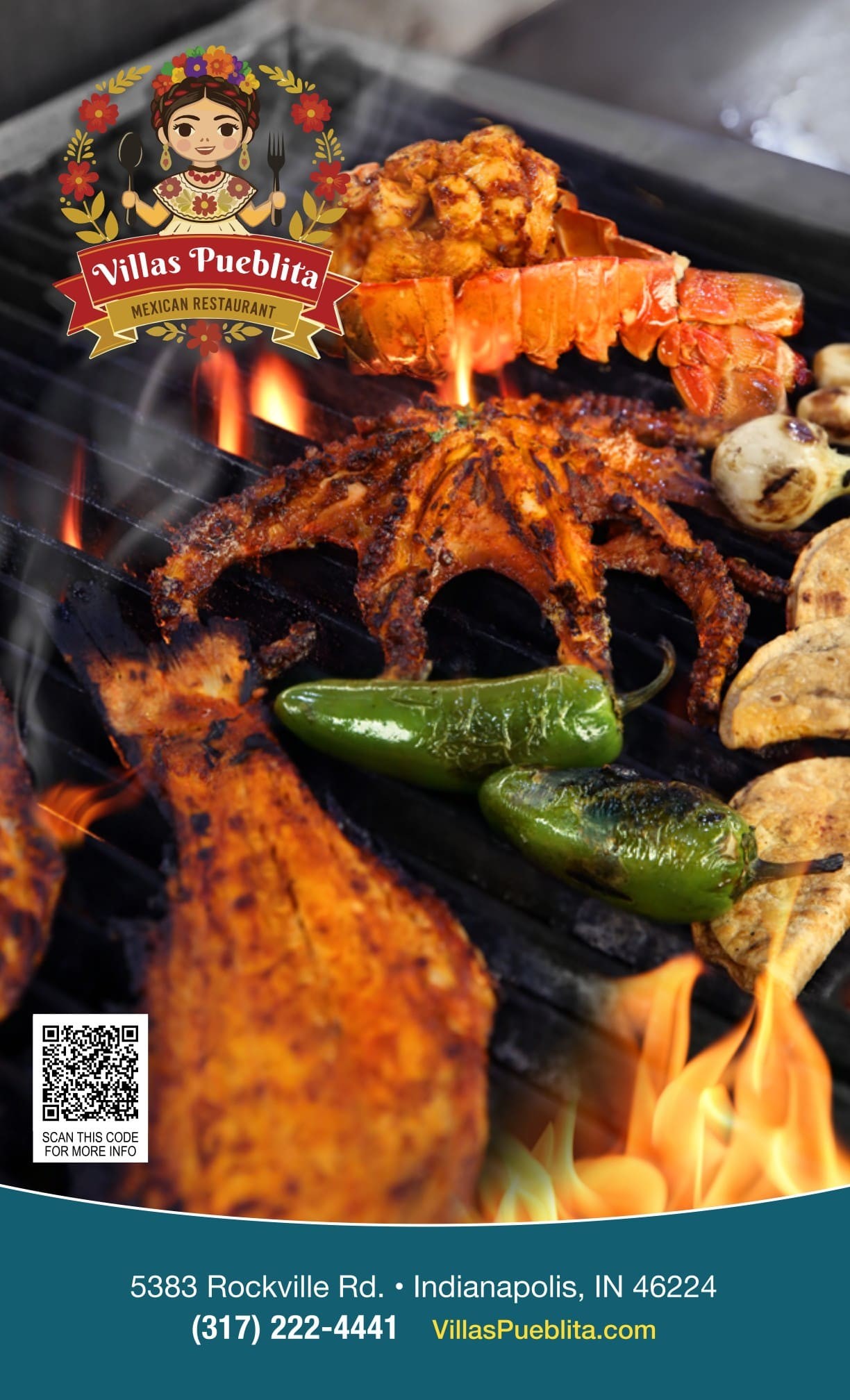 Portada del menú de comida mexicana y mariscos de Villas Pueblita Indianápolis